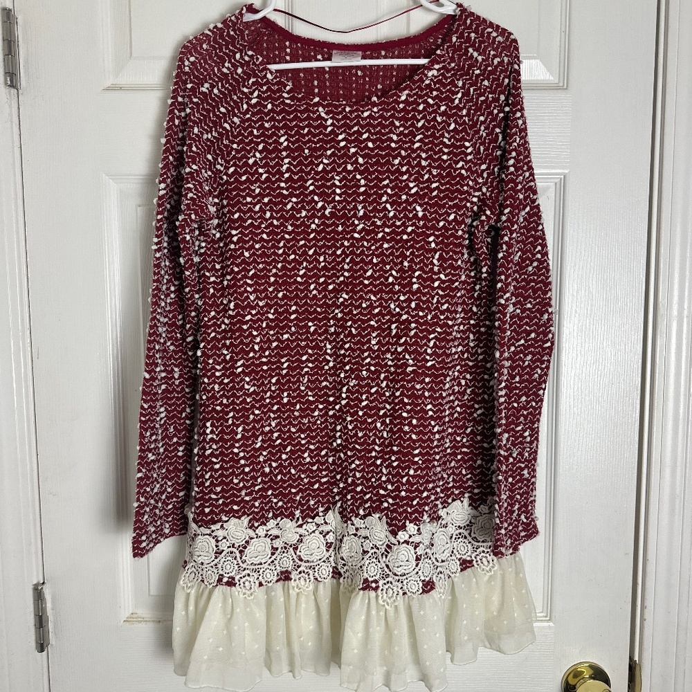 ! Holiday Preppy Woven Maroon Lace Trim Long Sleeve Mini Dress Women Size S